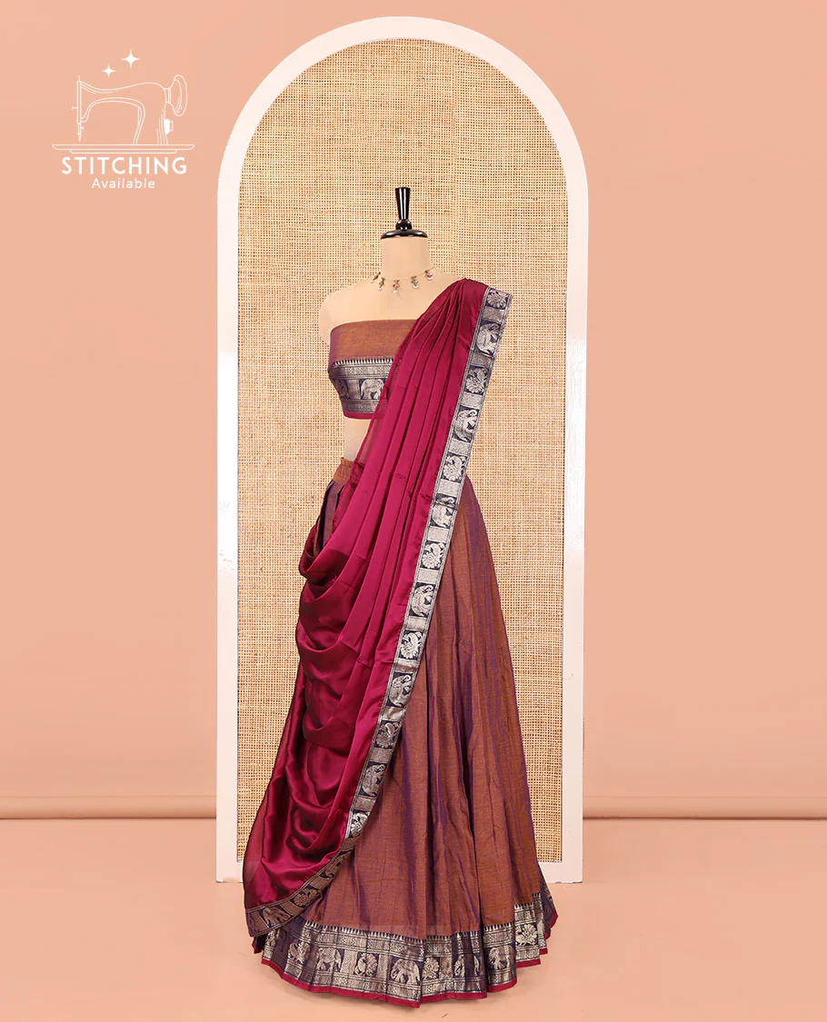 Dark Onion Pink-Rani Pink Mercerised Cotton Half-Saree Features Plain with Contrast Traditional Zari Bordered Skirt, Paired with a Matching Blouse, and Comes with a Contrast Bordered Dhavani - Image 3