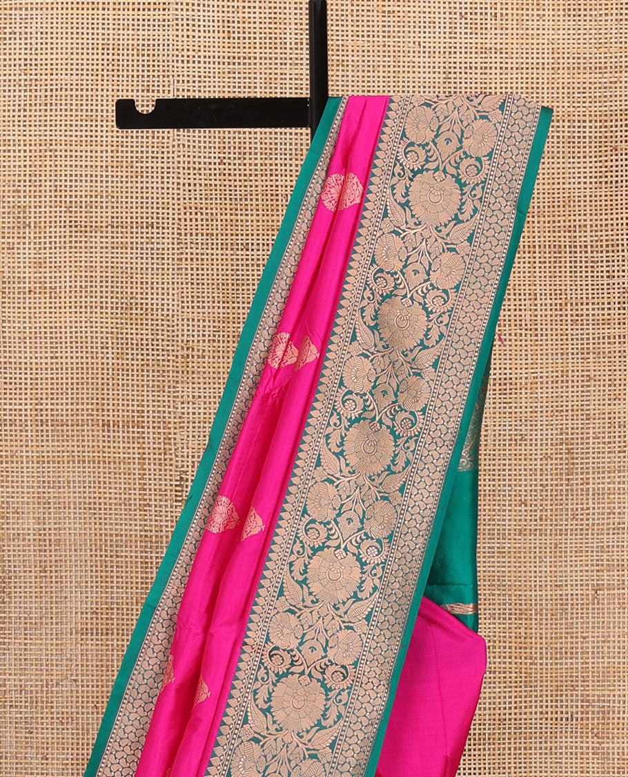 Dark pink zari buttas katan silk saree, contrast border and pallu of Mughal style zari designs - Image 3