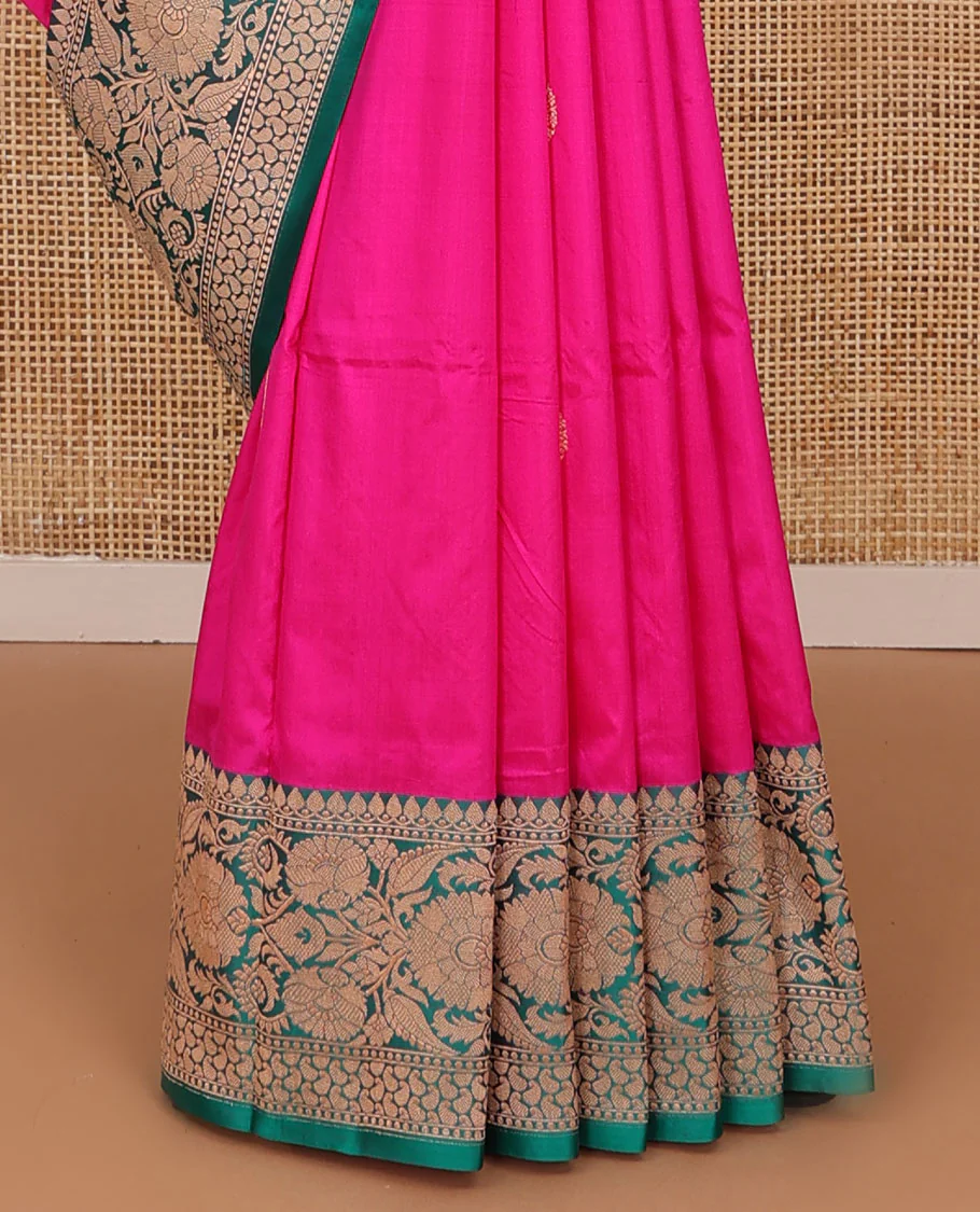 Dark pink zari buttas katan silk saree, contrast border and pallu of Mughal style zari designs - Image 4
