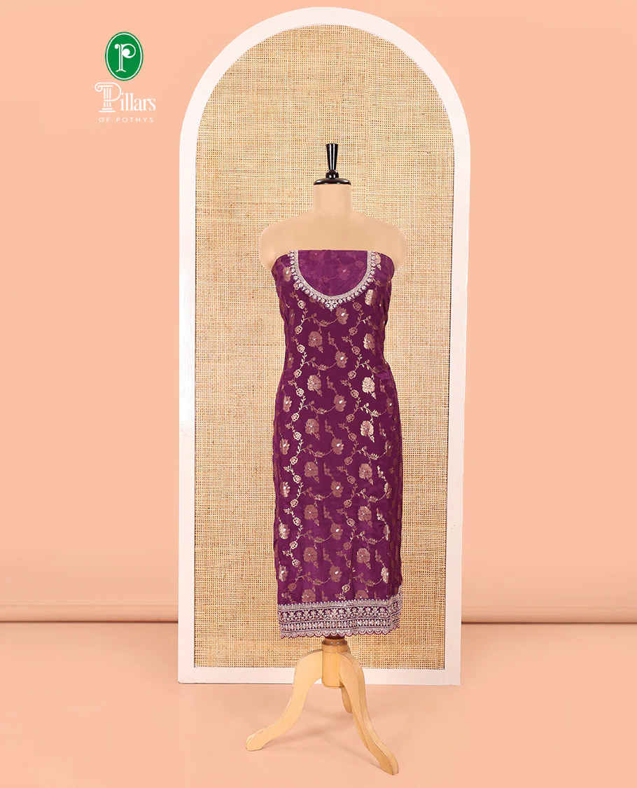 Dark Purple Chudidar Set Beautifully Bedecked with Floral Jaal Jacquard Design Viscose Chinon Unstitched Top, Readymade Free Size Sharara Pants, and a Chinon Embroidered Scallop-Bordered Dupatta - Image 4