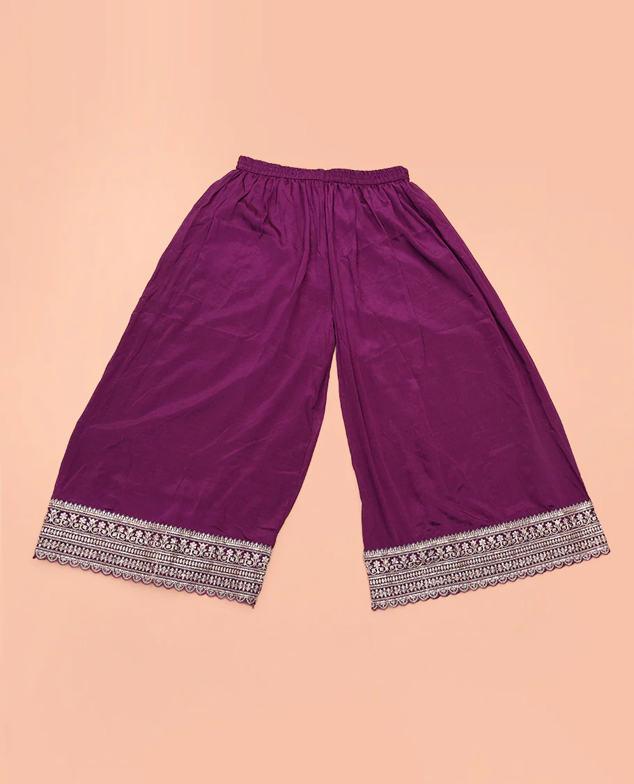Dark Purple Chudidar Set Beautifully Bedecked with Floral Jaal Jacquard Design Viscose Chinon Unstitched Top, Readymade Free Size Sharara Pants, and a Chinon Embroidered Scallop-Bordered Dupatta - Image 5