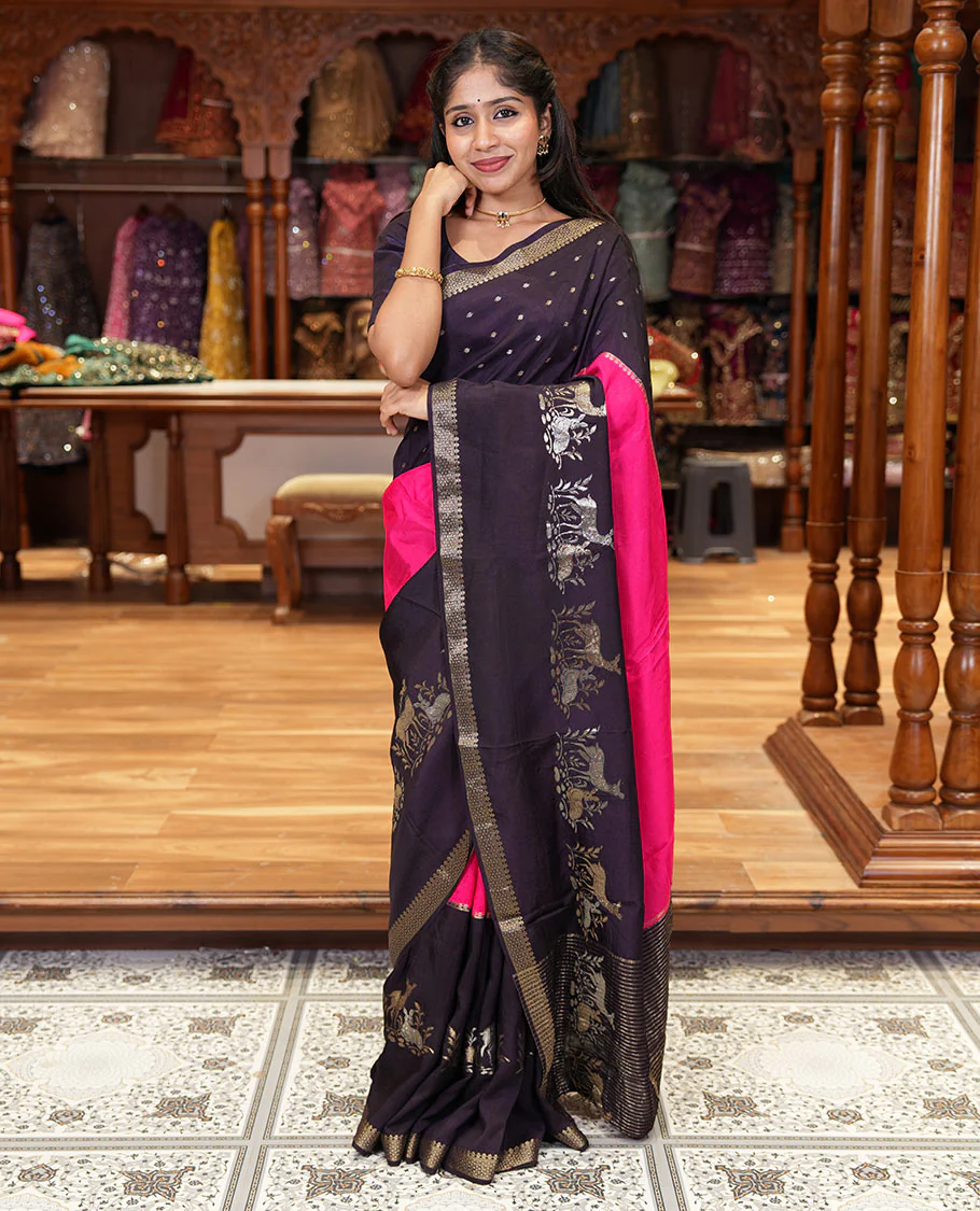 Dark violet and rani pink three-part, uniquely woven Russian silk saree features zari buttas and deer motifs, traditional motifs border, striped pallu, and a contrast buttas blouse