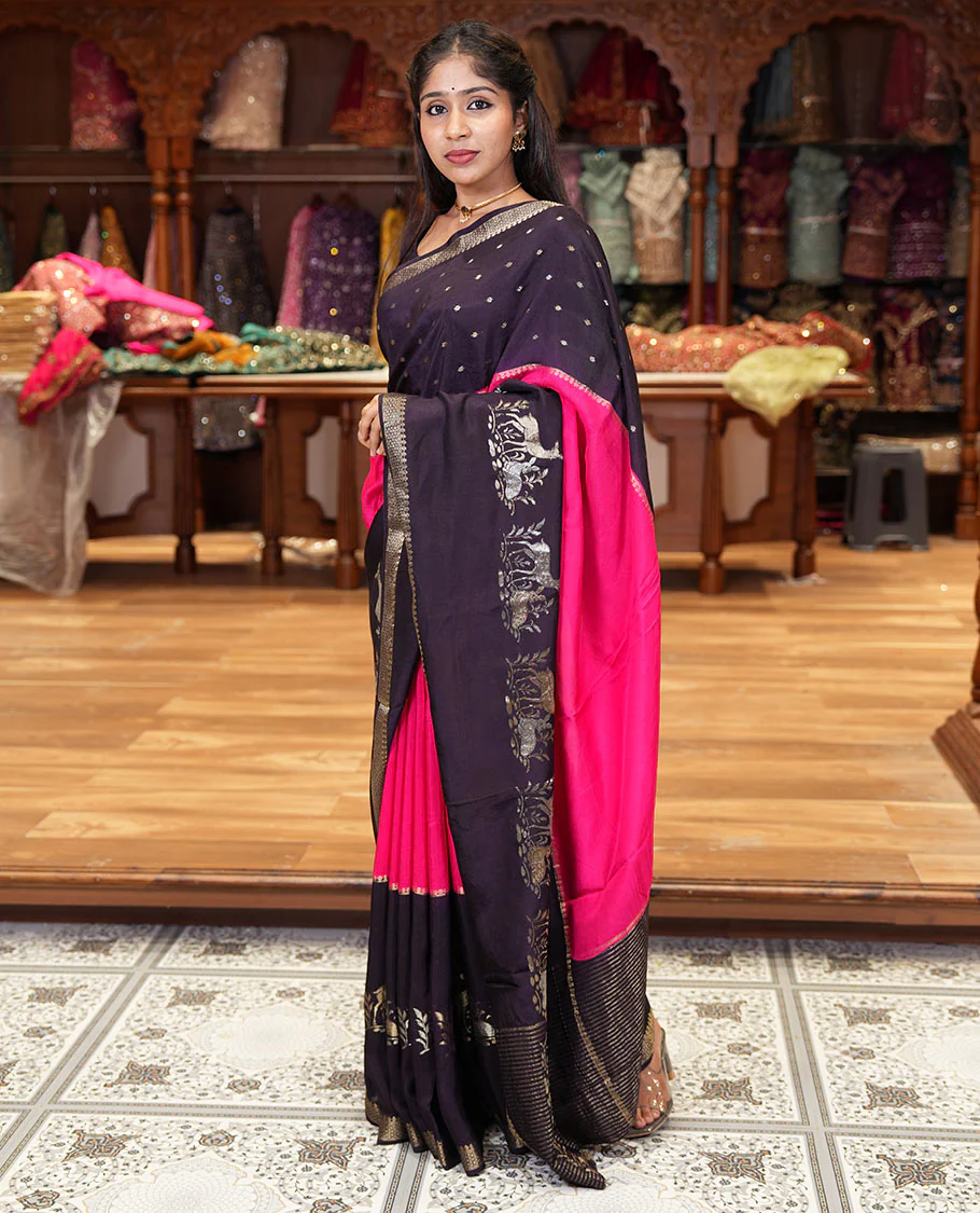 Dark violet and rani pink three-part, uniquely woven Russian silk saree features zari buttas and deer motifs, traditional motifs border, striped pallu, and a contrast buttas blouse - Image 2