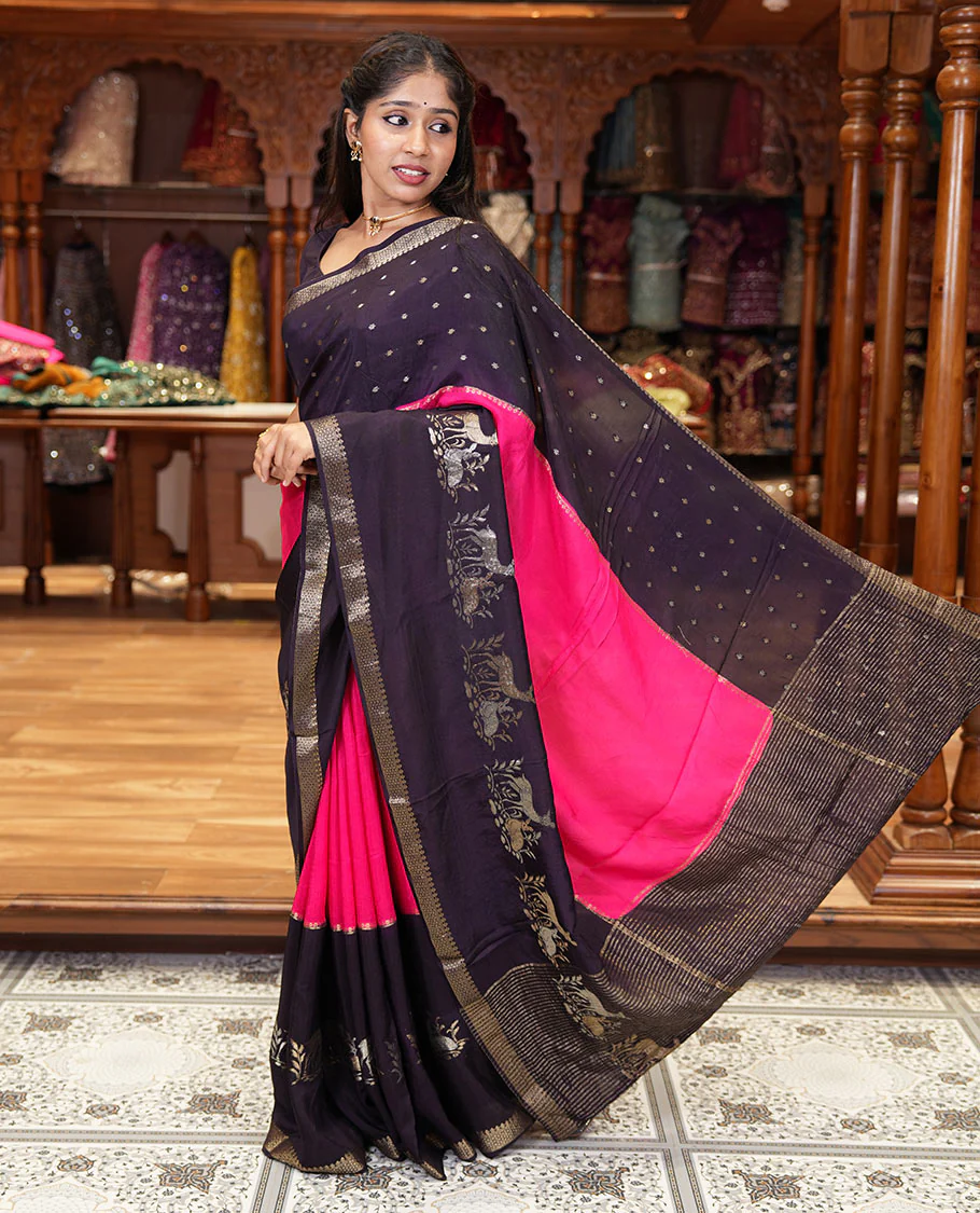 Dark violet and rani pink three-part, uniquely woven Russian silk saree features zari buttas and deer motifs, traditional motifs border, striped pallu, and a contrast buttas blouse - Image 3