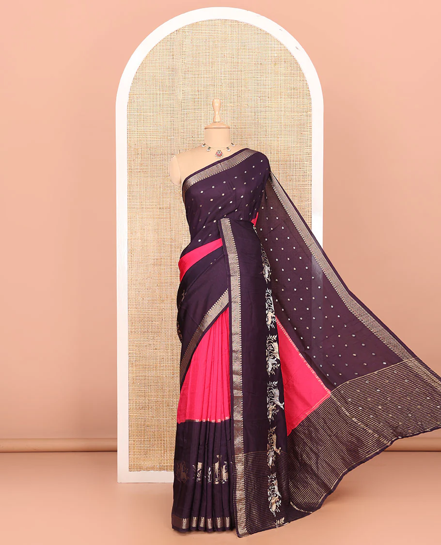 Dark violet and rani pink three-part, uniquely woven Russian silk saree features zari buttas and deer motifs, traditional motifs border, striped pallu, and a contrast buttas blouse - Image 4