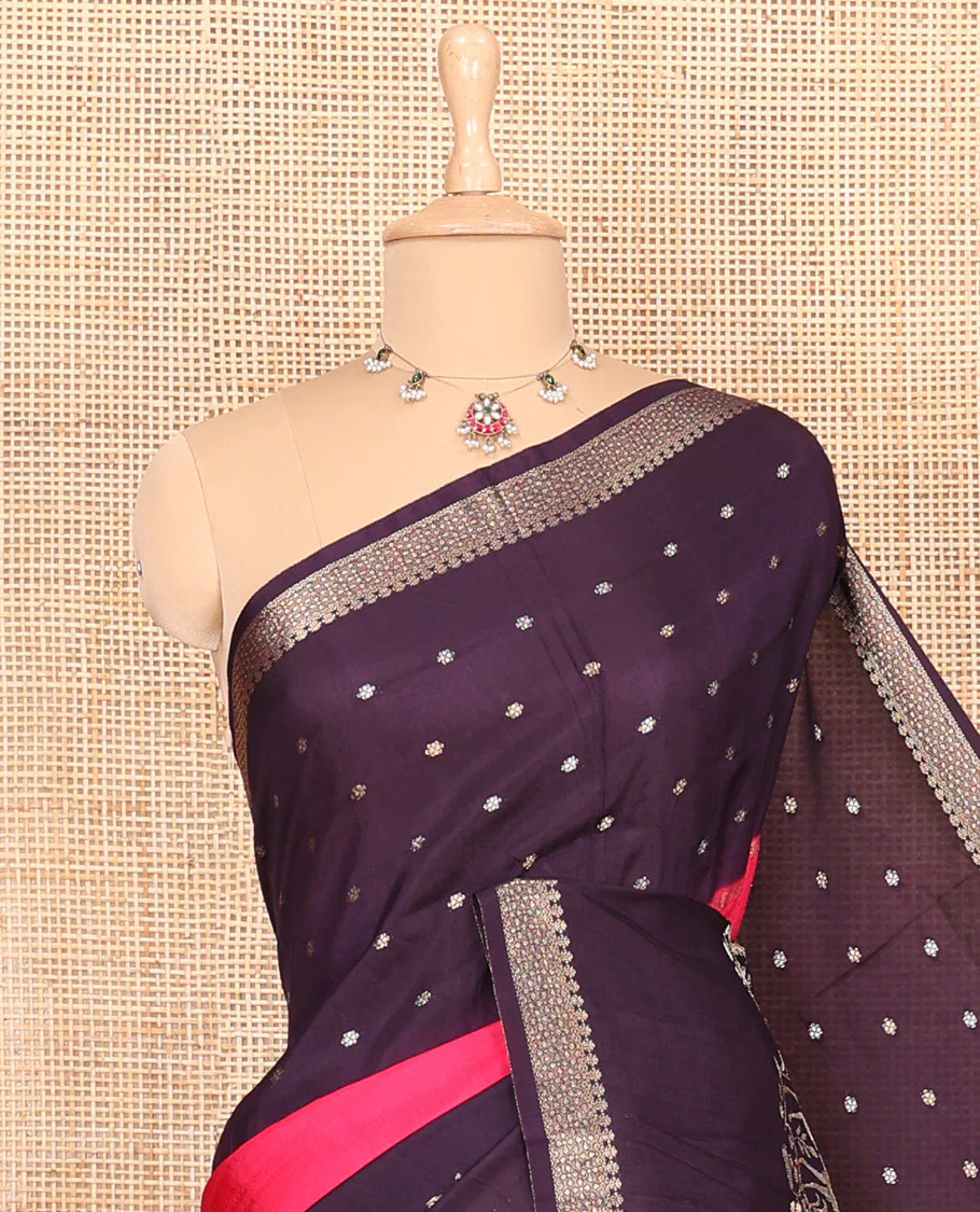 Dark violet and rani pink three-part, uniquely woven Russian silk saree features zari buttas and deer motifs, traditional motifs border, striped pallu, and a contrast buttas blouse - Image 5