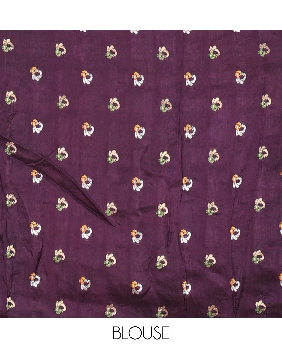 Dark violet and rani pink three-part, uniquely woven Russian silk saree features zari buttas and deer motifs, traditional motifs border, striped pallu, and a contrast buttas blouse - Image 6