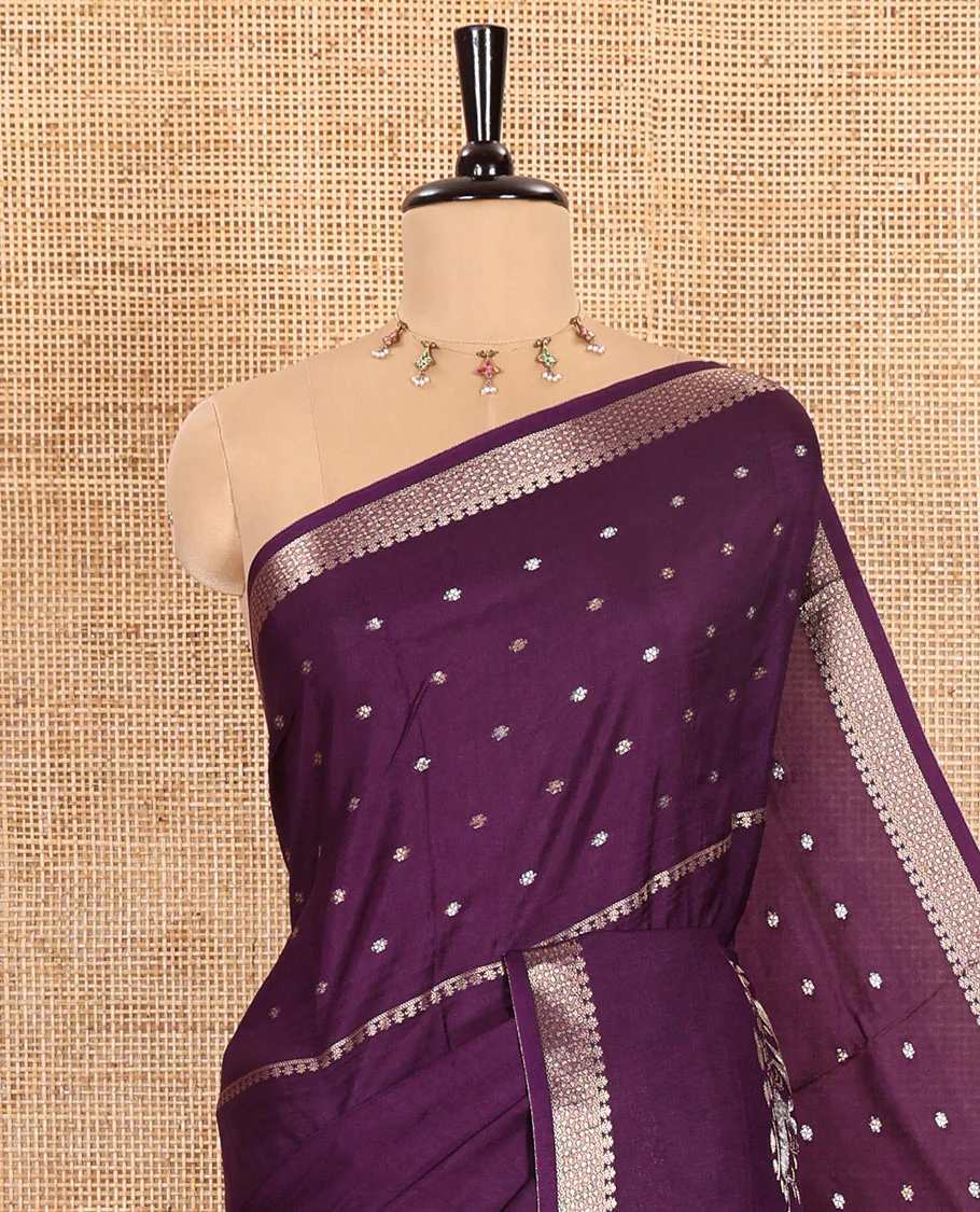 Dark Violet Russian Silk Saree Adorned with Gold Zari Buttas and Deer Motifs, Featuring a Subtly Sparkling Traditional Zari Border, a Pallu with Zari Stripes, and a Contrast Blouse Woven with Peacock Meena Buttas - Image 2
