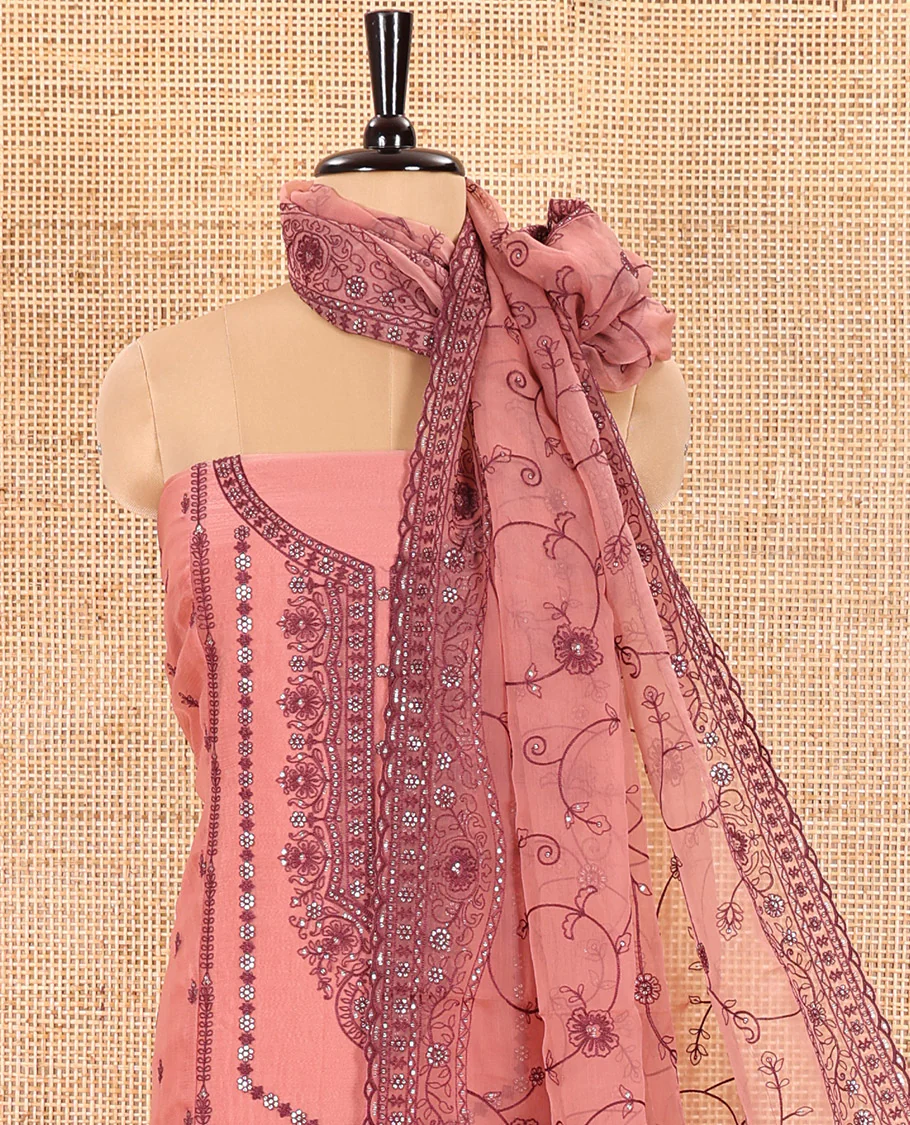 Dusky Magenta Material Chudidar Set Adorned with Embroidered Organza Chiffon Top, Subtly Made Plain Santoon Bottom, and a Organza Dupatta Featuring Floral Jaal Embroidery - Image 3