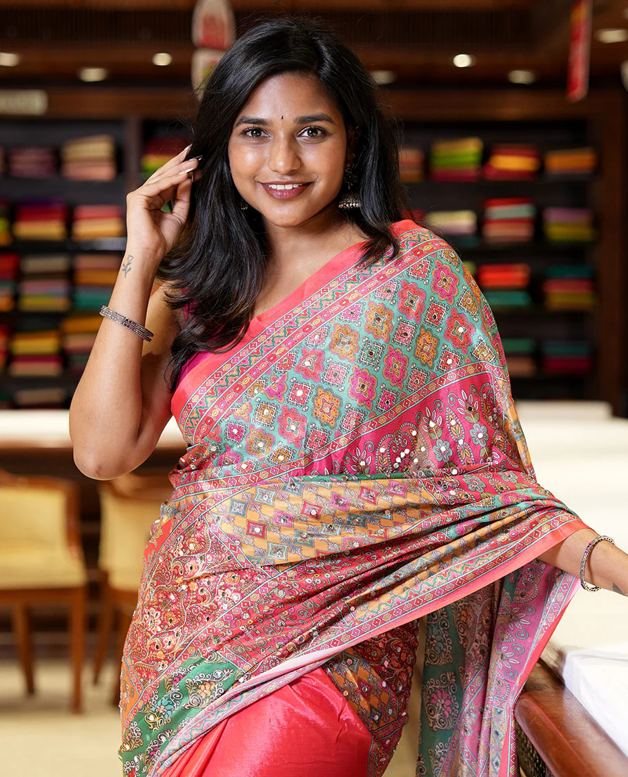 Fanta orange half-&-half colorful geometric printed & mirror work masakali saree, printed border & pallu, plain blouse - Image 2