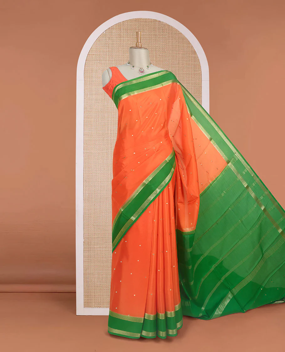 Fanta orange zari buttas woven mysore silk saree, contrast rettai pettu traditional zari border, and zari seer striped pallu - Image 2