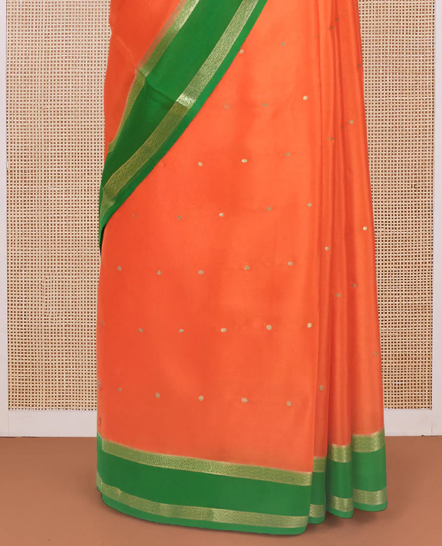 Fanta orange zari buttas woven mysore silk saree, contrast rettai pettu traditional zari border, and zari seer striped pallu - Image 4