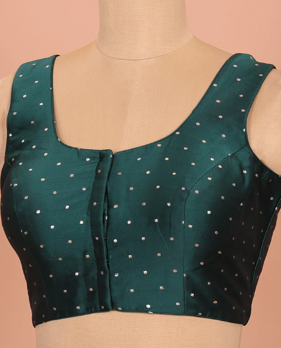 Forest green glitter dotted front and back round necked sleeveless readymade blouse - Image 2