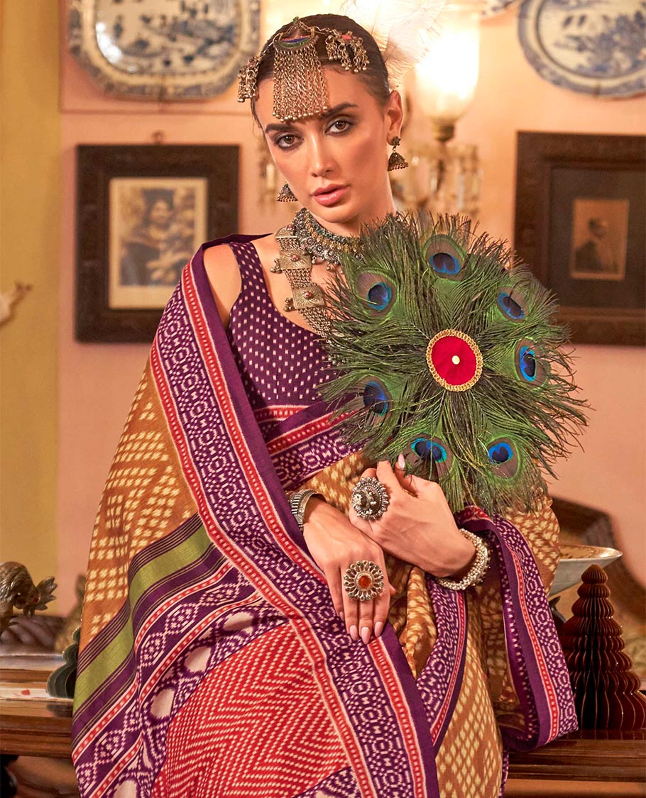 Gold diamond patola designer catalog saree, contrast patola border, and intricately patola designed pallu - Image 2