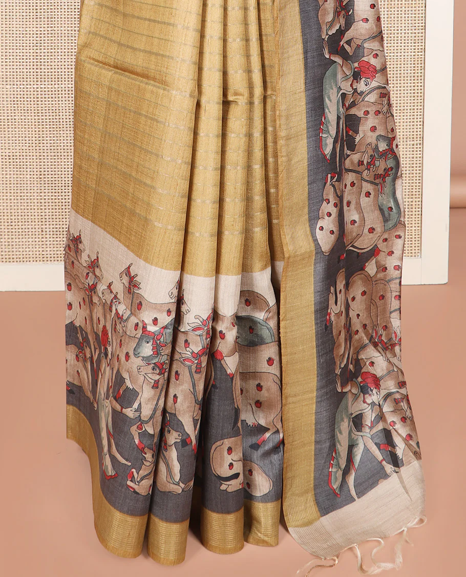 Gold horizontal striped tussar silk saree, Pichwai cow motifs printed border, and striped pallu - Image 3