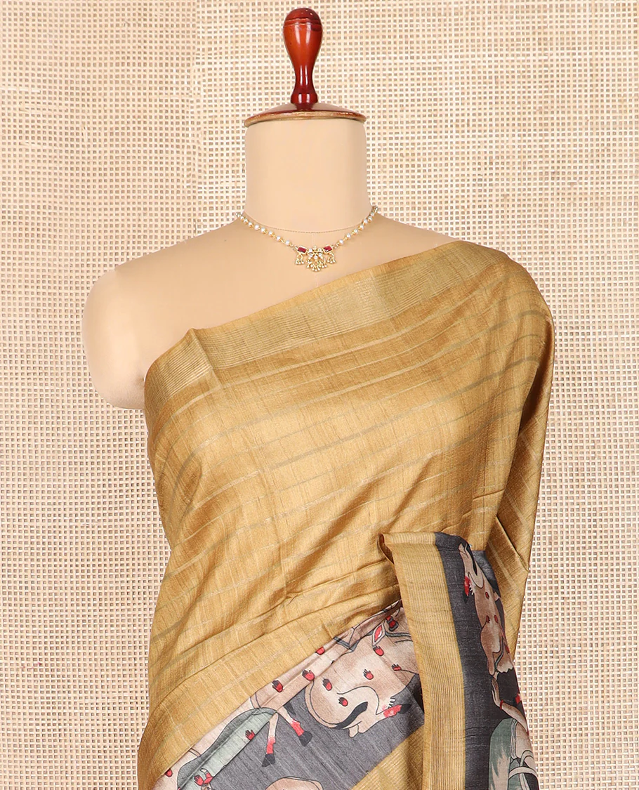 Gold horizontal striped tussar silk saree, Pichwai cow motifs printed border, and striped pallu - Image 4