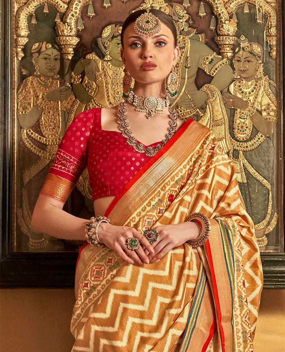 Gold ikkat chevron striped designer catalog saree, zari border and ikkat geometric patterned pallu - Image 2
