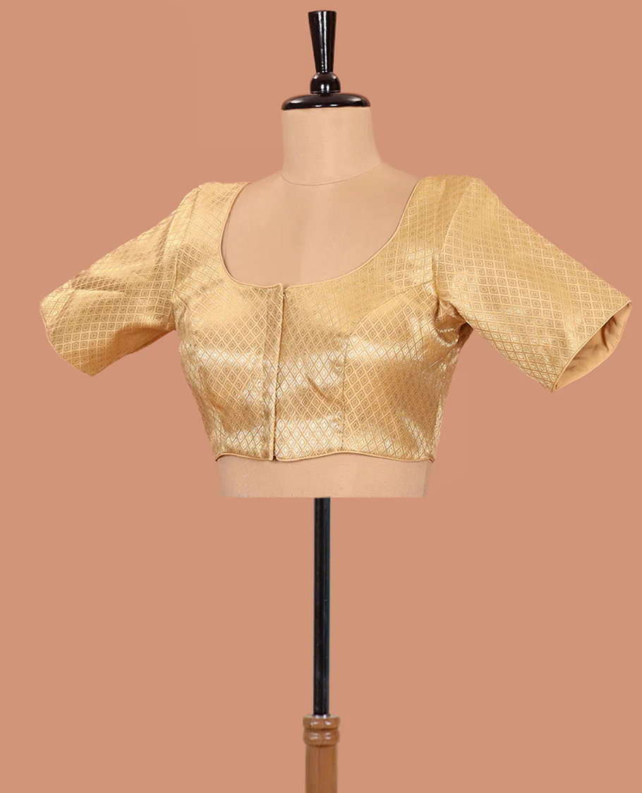 Gold jaal patterned front-back round neck elbow-sleeve readymade blouse