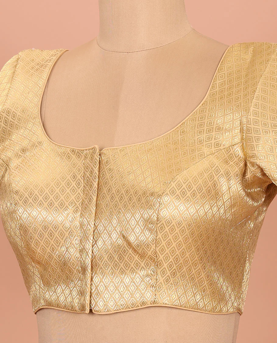 Gold jaal patterned front-back round neck elbow-sleeve readymade blouse - Image 2