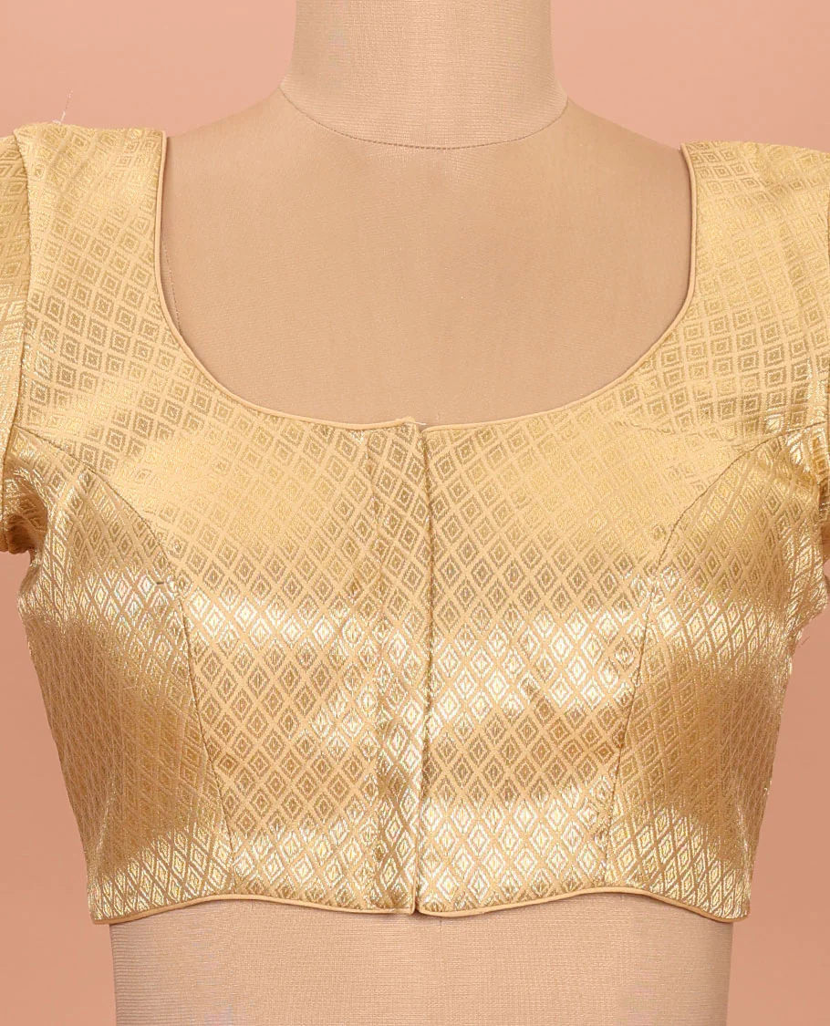 Gold jaal patterned front-back round neck elbow-sleeve readymade blouse - Image 3
