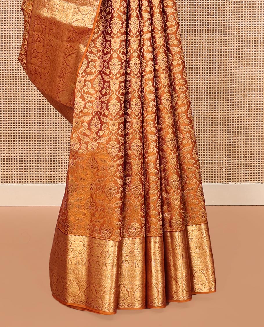 Orange Kanchipuram Wedding Silk Saree, Finely Crafted with Jacquard Designs on Its Body, Highlighted by a Zari Border of Thilakam, Kodi Visiry, Mayil, Yaanai, Jaal, and Lavangam Designs, Grand Ogee Patterned Pallu, and Paired with a Matching Blouse - Image 4