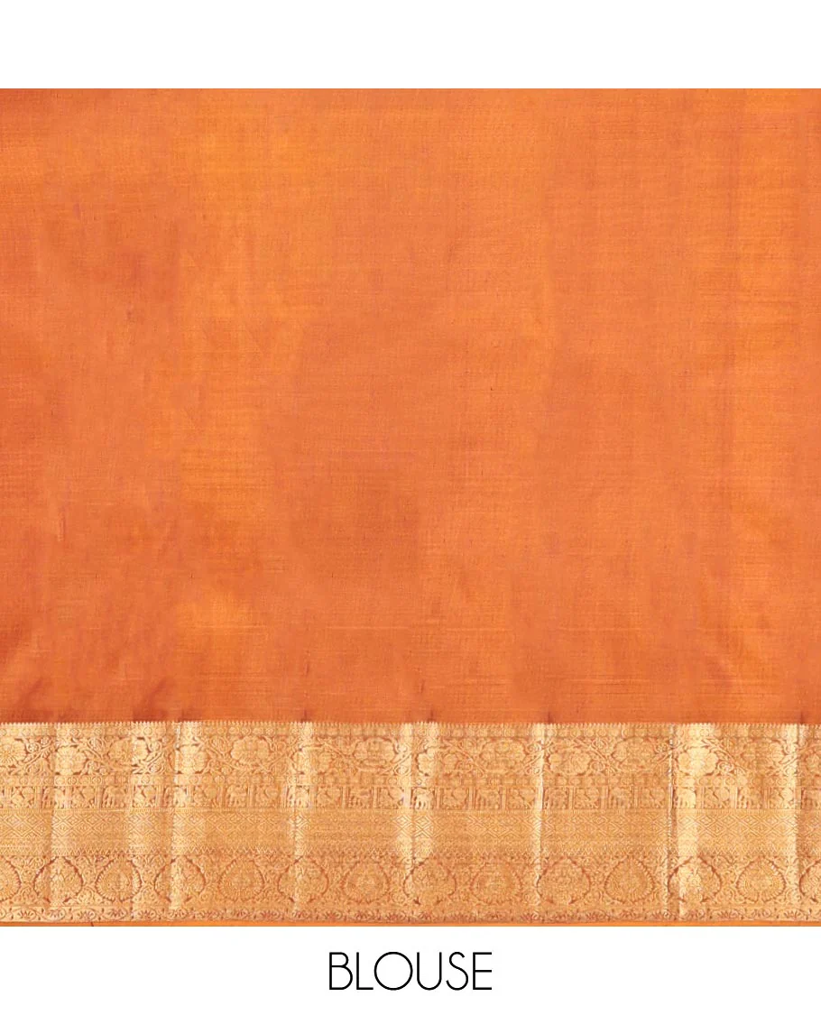 Orange Kanchipuram Wedding Silk Saree, Finely Crafted with Jacquard Designs on Its Body, Highlighted by a Zari Border of Thilakam, Kodi Visiry, Mayil, Yaanai, Jaal, and Lavangam Designs, Grand Ogee Patterned Pallu, and Paired with a Matching Blouse - Image 6