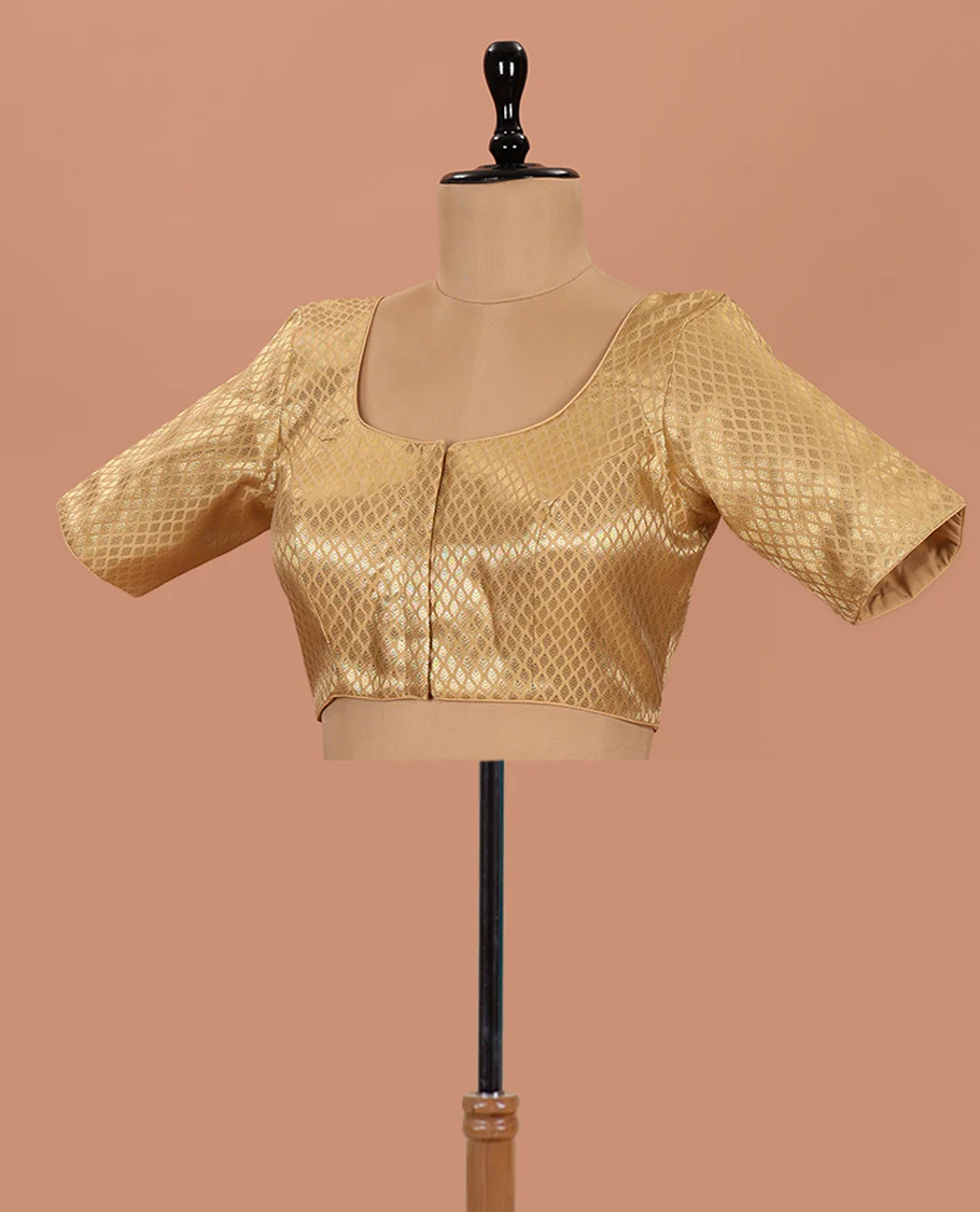Gold leaf design front-back round neck elbow-sleeve readymade blouse