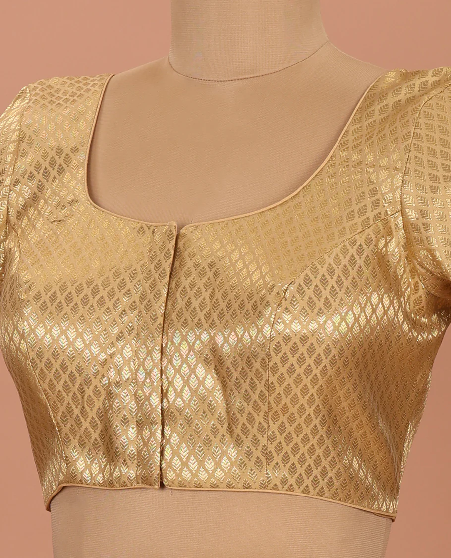 Gold leaf design front-back round neck elbow-sleeve readymade blouse - Image 2