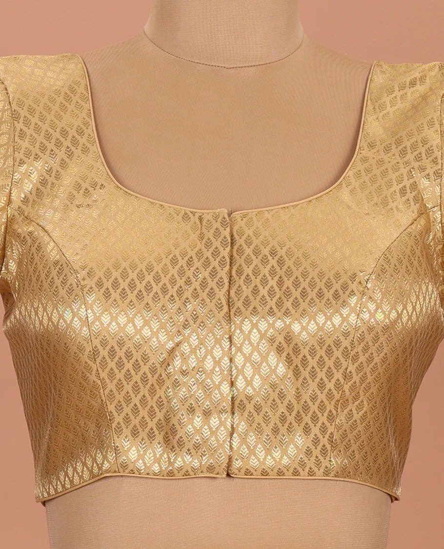 Gold leaf design front-back round neck elbow-sleeve readymade blouse - Image 3