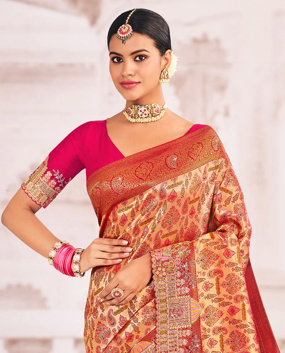 Gold meenakari jacquard designer saree, scallop intricately embroidered border, and pallu of zari and micro-stone work - Image 2