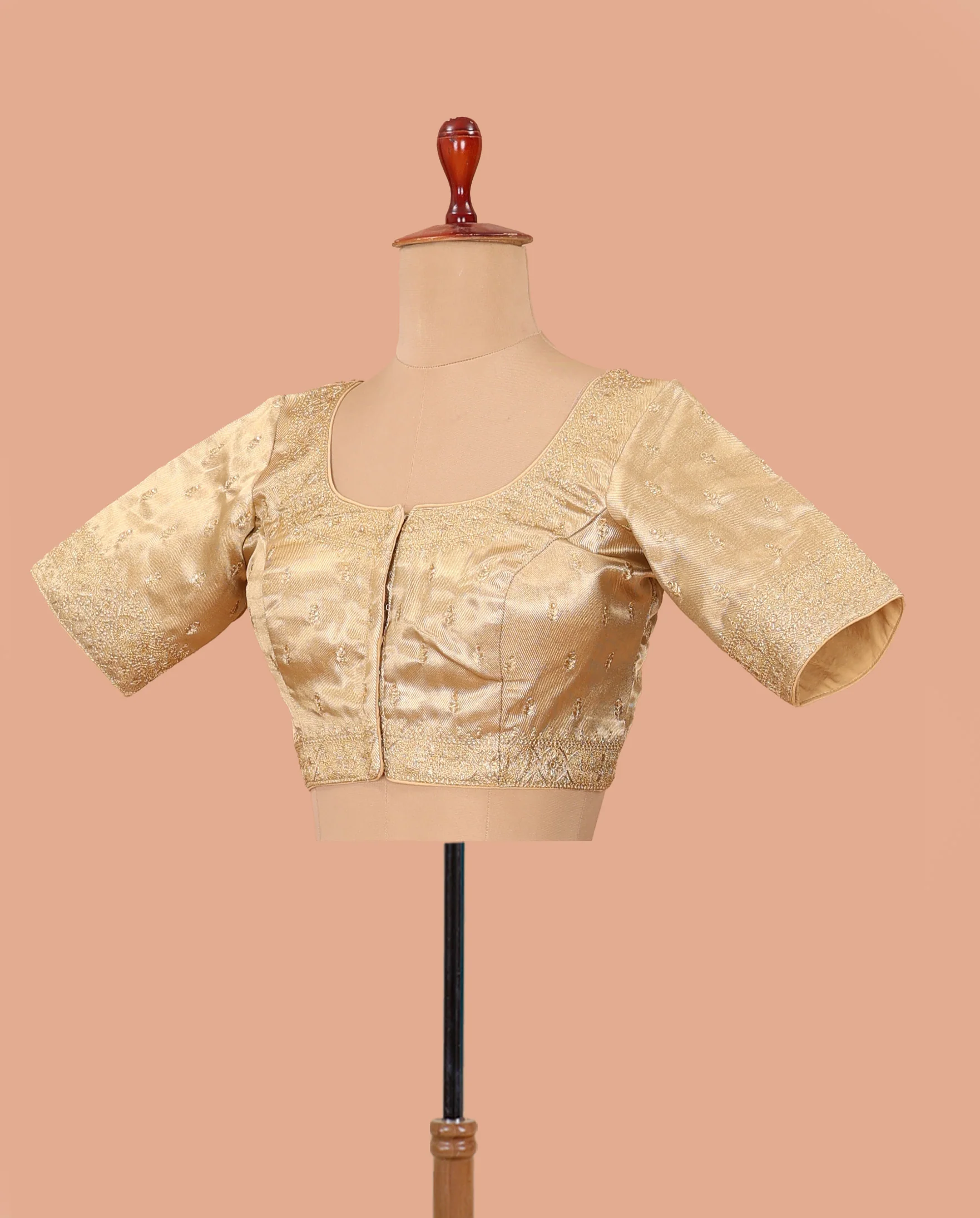 Gold thread embroidered front-back round neck elbow sleeve blouse