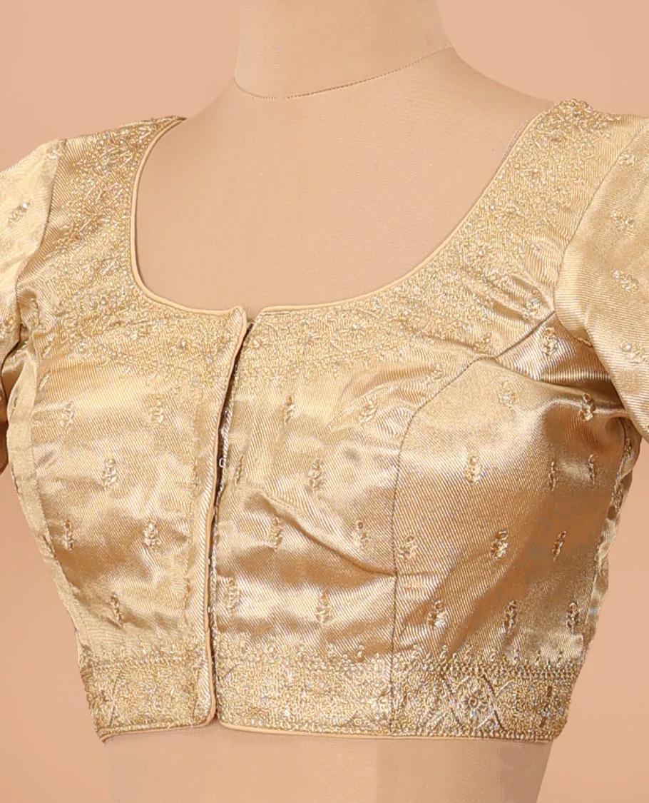 Gold thread embroidered front-back round neck elbow sleeve blouse - Image 2