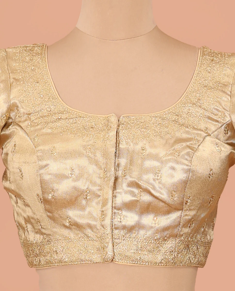 Gold thread embroidered front-back round neck elbow sleeve blouse - Image 3