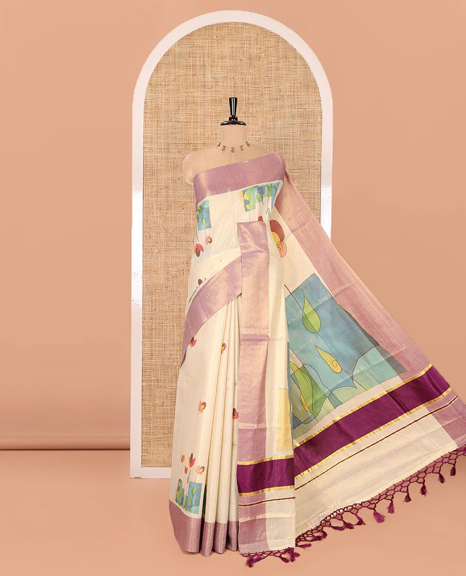 Gold Tissue Mul Cotton Saree, Artfully Detailed with Modern-Art-Style Motifs Printed on Its Body, Complemented by Contrast Border, Pallu Pictures Beautiful Modern Art, and Paired with a Matching Printed Blouse