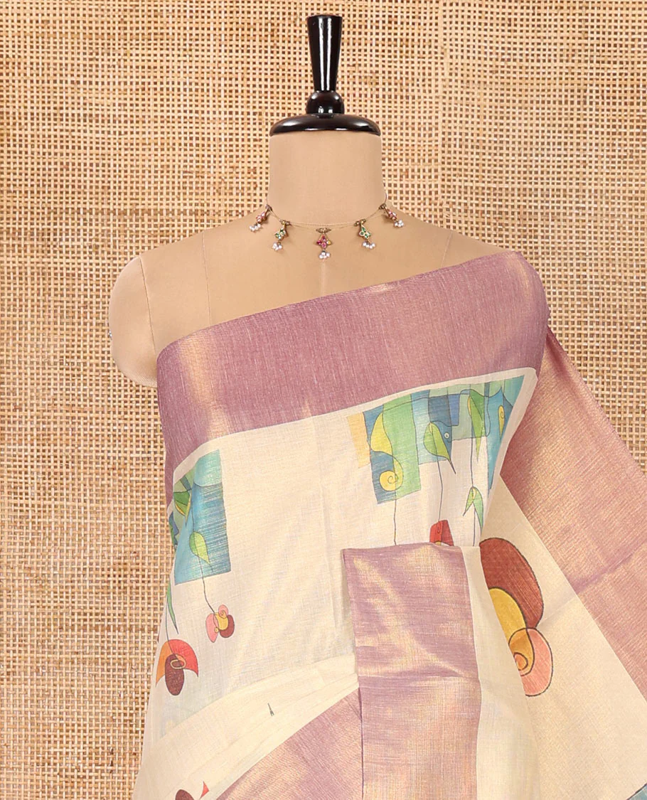 Gold Tissue Mul Cotton Saree, Artfully Detailed with Modern-Art-Style Motifs Printed on Its Body, Complemented by Contrast Border, Pallu Pictures Beautiful Modern Art, and Paired with a Matching Printed Blouse - Image 2