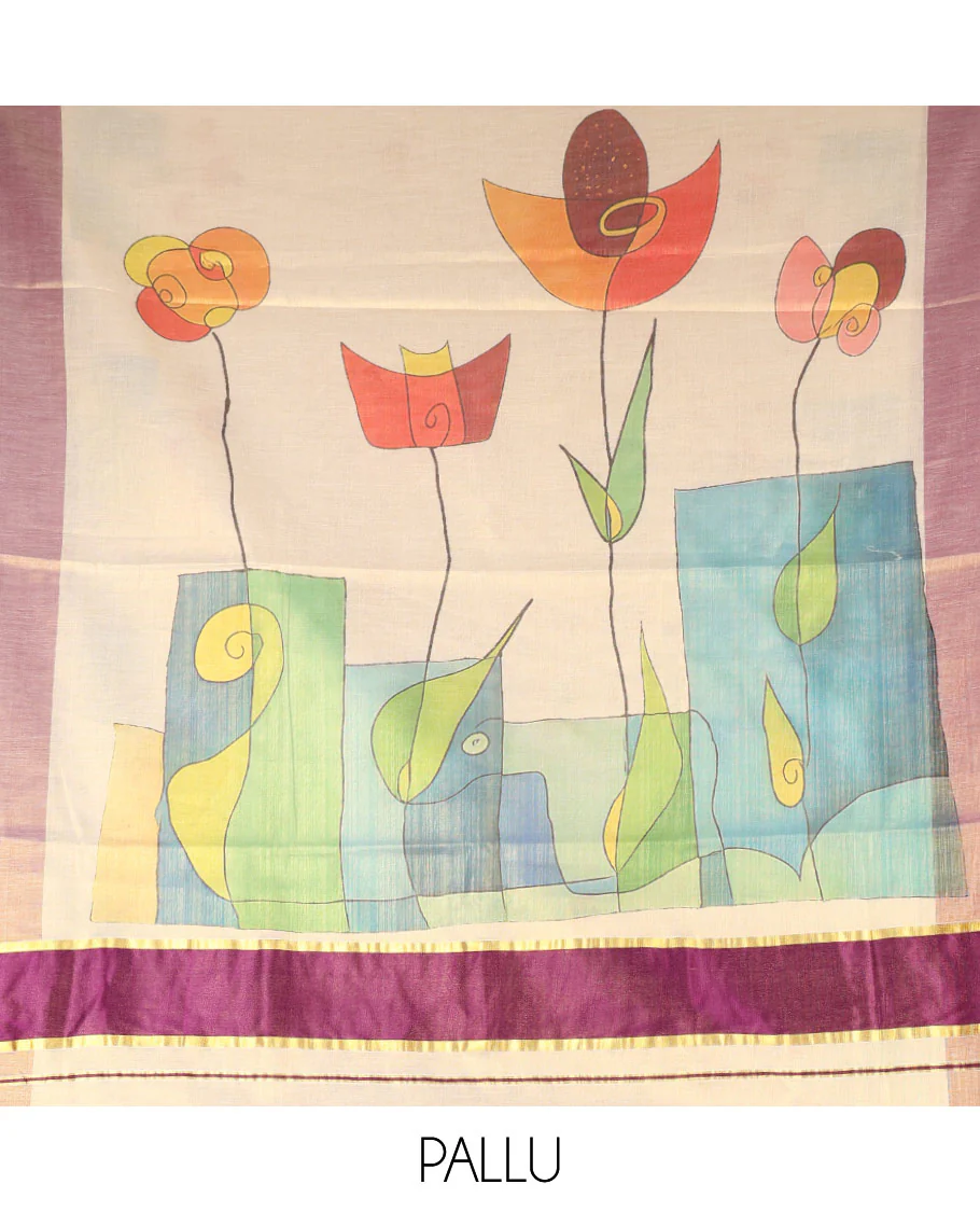 Gold Tissue Mul Cotton Saree, Artfully Detailed with Modern-Art-Style Motifs Printed on Its Body, Complemented by Contrast Border, Pallu Pictures Beautiful Modern Art, and Paired with a Matching Printed Blouse - Image 3