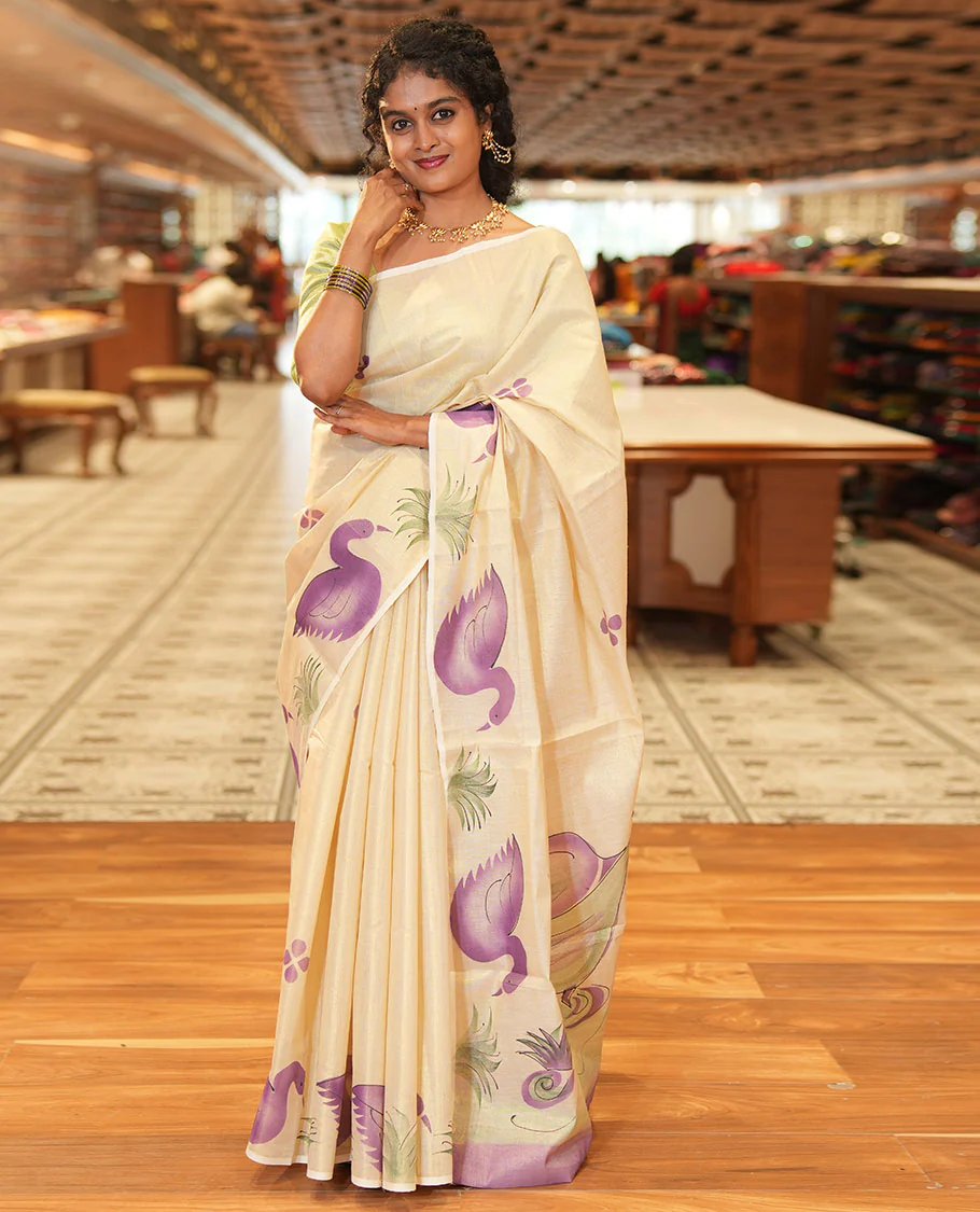 Gold-Violet Kerala Cotton Saree Subtly Sparked with Handblock-Printed Floral and Duck Motifs, Featuring a Self Pallu with Pond-Themed Handblock Prints, Paired with a Matching Plain Blouse - Image 2