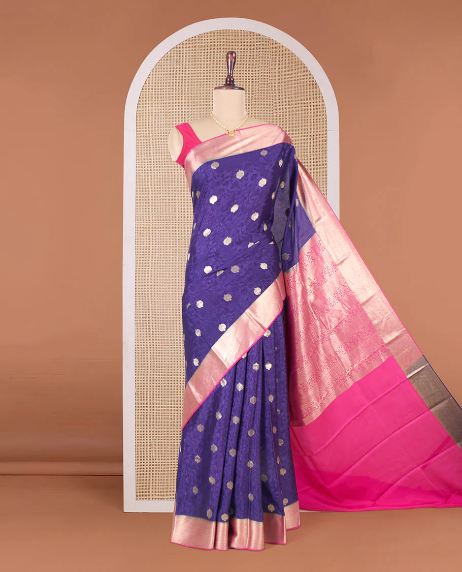 Blue floral vine embossed and zari buttas Mysore silk saree, contrast traditional zari design border, and pallu - Image 2