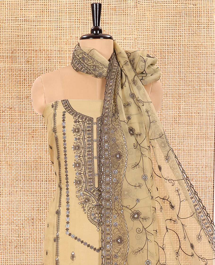 Golden Material Chudidar Set Adorned with Embroidered Organza Chiffon Top, Subtly Made Plain Santoon Bottom, and a Organza Dupatta Featuring Floral Jaal Embroidery - Image 3