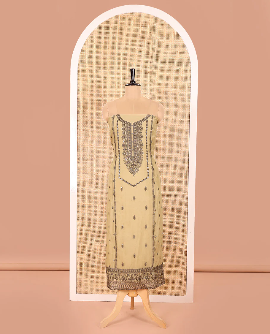 Golden Material Chudidar Set Adorned with Embroidered Organza Chiffon Top, Subtly Made Plain Santoon Bottom, and a Organza Dupatta Featuring Floral Jaal Embroidery - Image 4