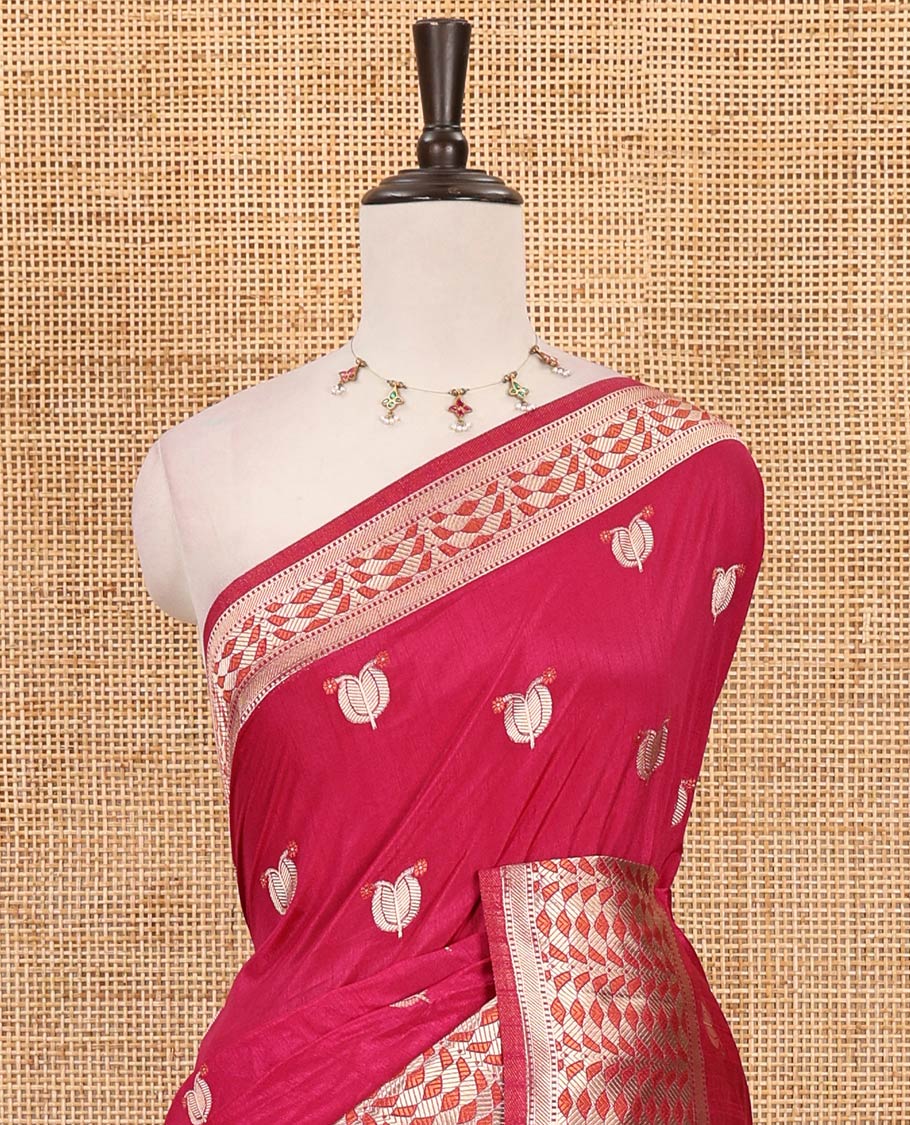 Rani pink leaf zari buttas dola silk saree, geometric patterned zari border, pallu of geometric pattern & diagonal stripes & plain blouse - Image 3