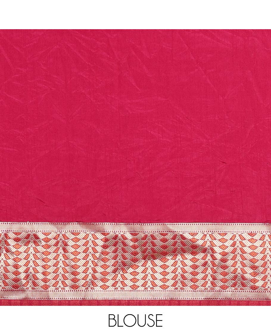 Rani pink leaf zari buttas dola silk saree, geometric patterned zari border, pallu of geometric pattern & diagonal stripes & plain blouse - Image 4