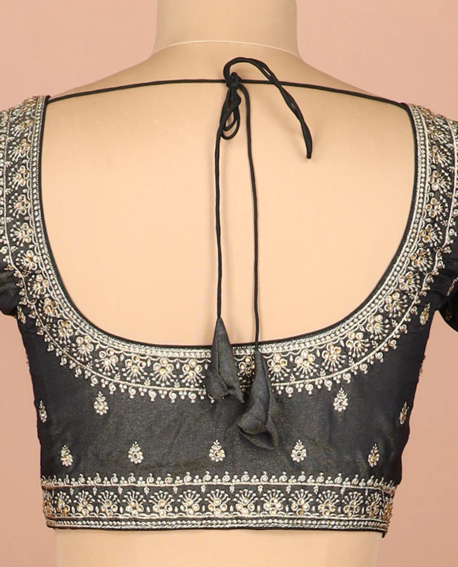 Graphite grey thread embroidered front-and-back round elbow-sleeve readymade blouse - Image 4