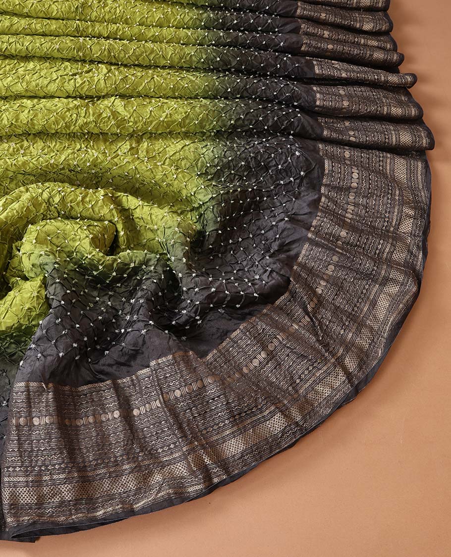 Green bandhani dotted bandhani silk saree, contrast traditional motifs steeped border, and zari striped pallu - Image 2