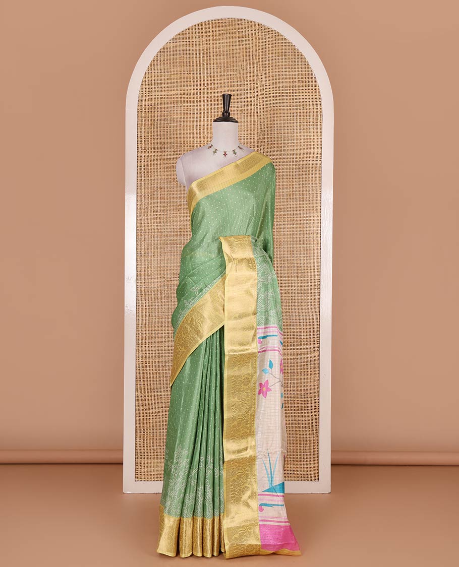 Green bandhani dotted trees, and deer motifs printed dola silk saree, contrast zari border, pallu of tree, and deer print, and contrast zari design blouse - Image 2