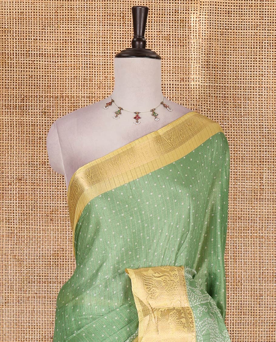 Green bandhani dotted trees, and deer motifs printed dola silk saree, contrast zari border, pallu of tree, and deer print, and contrast zari design blouse - Image 3