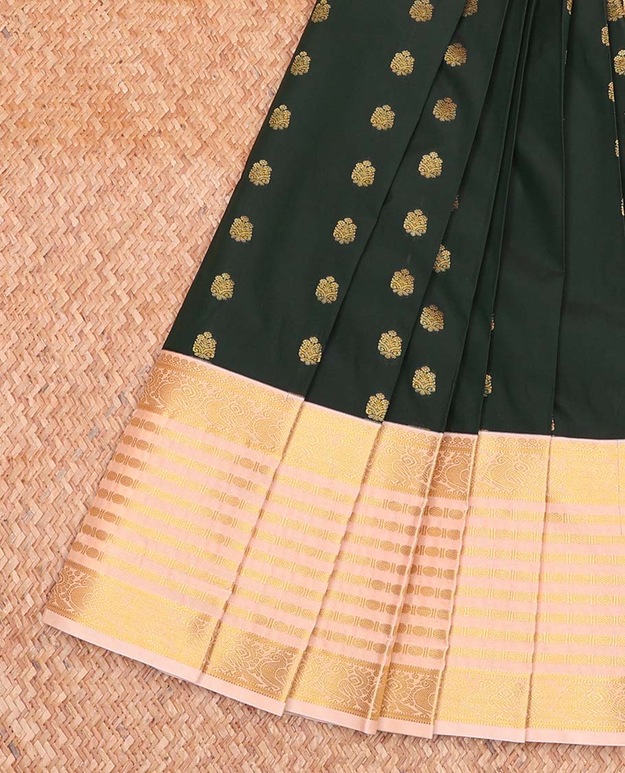 Green Budget Silk Saree, Enthralled with Zari Buttas All Over Its Body, Complemented by a Contrast Traditional Zari Design Border of Peacock Designs, Grand Jaal Pallu, and Paired with a Contrast Blouse