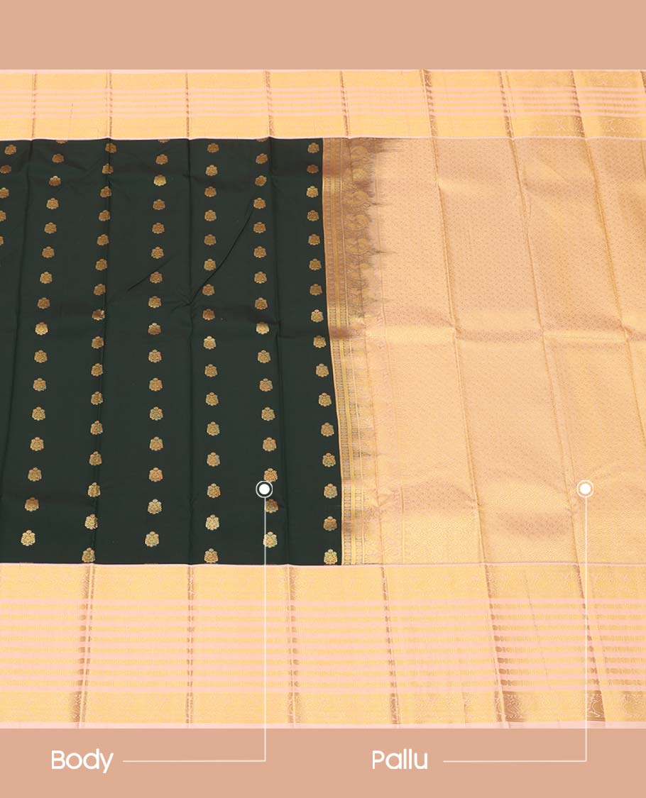 Green Budget Silk Saree, Enthralled with Zari Buttas All Over Its Body, Complemented by a Contrast Traditional Zari Design Border of Peacock Designs, Grand Jaal Pallu, and Paired with a Contrast Blouse - Image 3