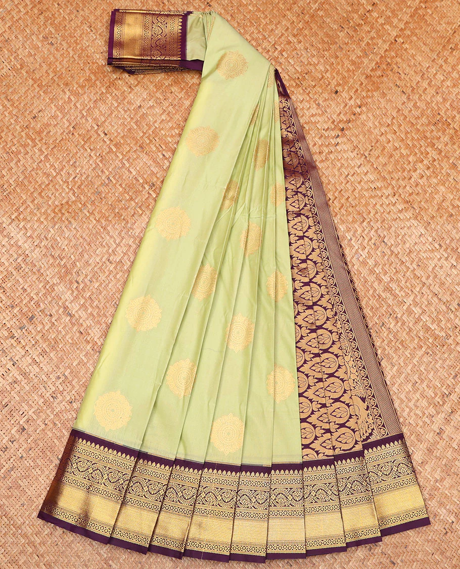 Green Budget Silk Saree, Graced with Zari Buttas on Its Body, Complemented by a Contrast Traditional Zari Design Border, Grand Intricately Designed Pallu, and Paired with a Contrast Blouse - Image 2