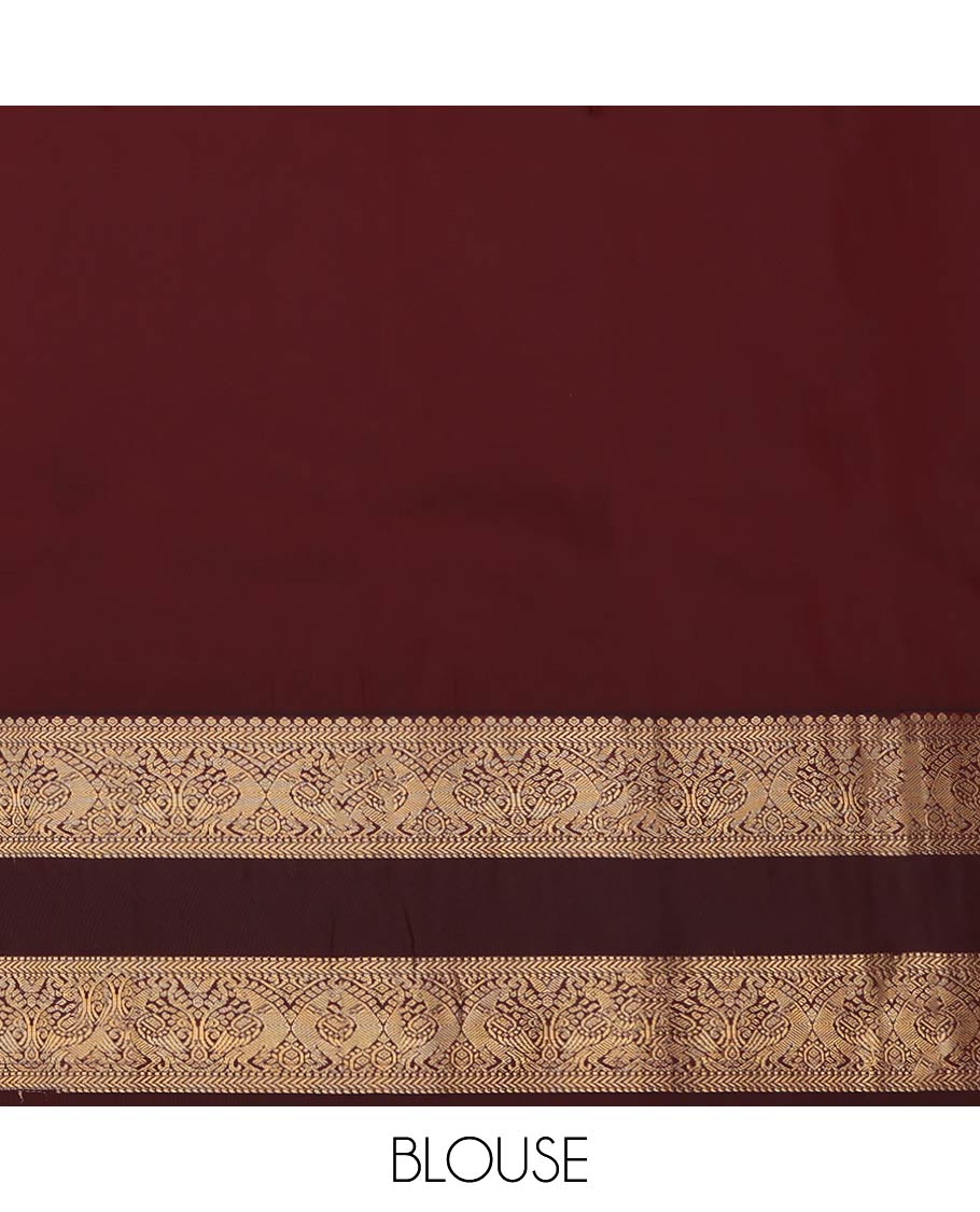 Green Budget Silk Saree, Sparsely Woven with Zari Buttas All Over Its Body, Complemented by Contrast Traditional Zari Designs Woven Rettai Pettu Border, Grand Jaal Pallu and Paired with a Contrast Blouse - Image 4